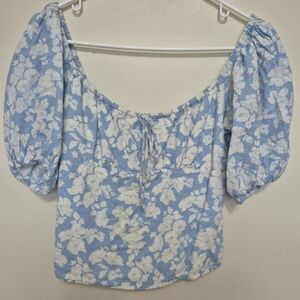 Abercrombie & Fitch Blue White Floral Linen Puff Sleeve Crop Blouse – Size S